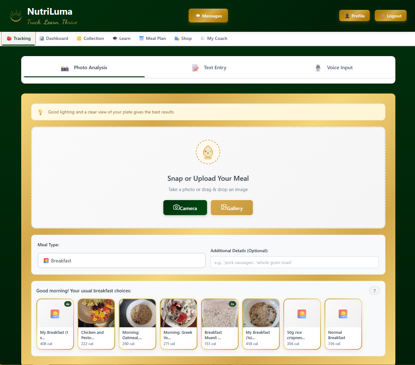 NutriLuma app showing full nutrient analysis of a meal